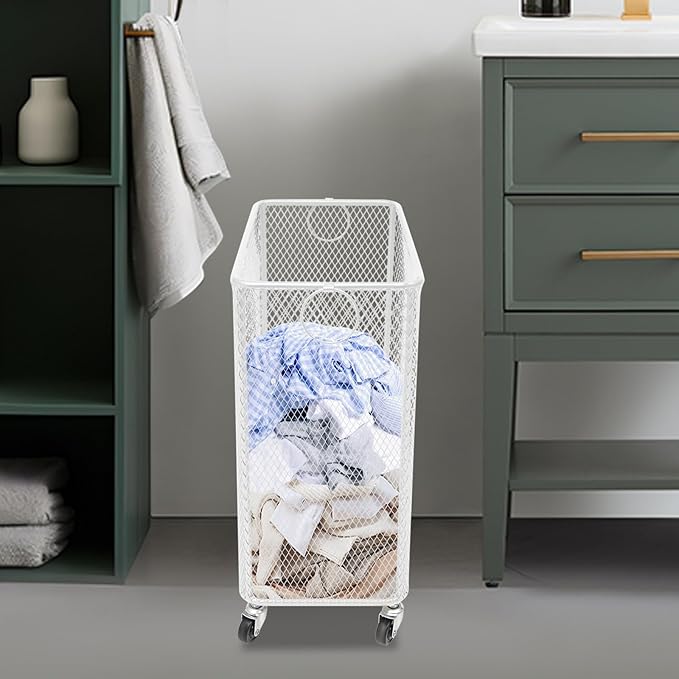 White Metal Laundry Basket with Wheels, Rolling Laundry Hamper Cart Mesh Laundry Storage Cart Organizer Clothes Sorter Shelf Basket Durable for Laundry Room