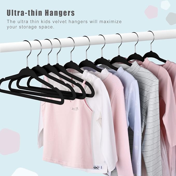 BAGAIL 50 Pack Kids Velvet Hangers 11 Inches Children's Clothes Hangers Non-Slip Baby Hangers for Infant/Toddler (Black)