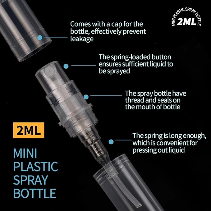 Fandamei Mini Spray Bottle, 60PCS 2ml Mini Clear Plastic Spray Bottle Empty, Fine Mist Refillable Mini Perfume Bottle. Small Empty Sample Containers Bottle. 2ml, 60 Pack, Clear, FANL-093