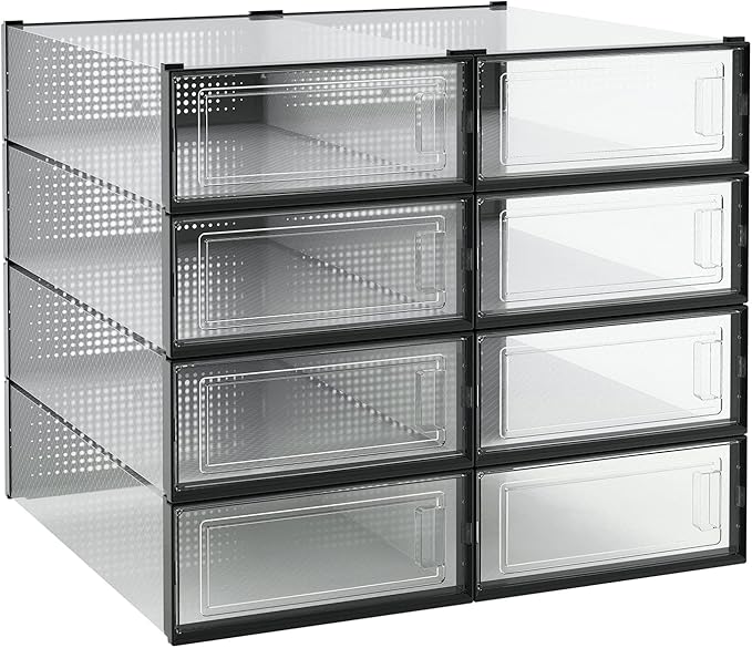 PARANTA 8-Piece Boot and Shoe Storage Box, Stackable Clear Plastic Shoe Box, Space-Saving Shoe Organizer for Boots, Sneakers, and High Heels, Black