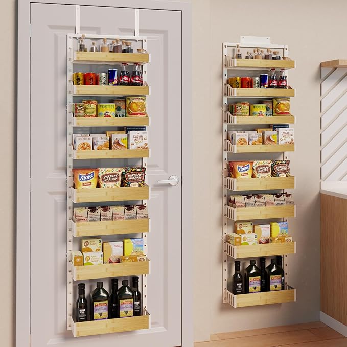 8-Tier Over The Door Pantry Organizer | Spice Rack Wall Mount with No-Shake Design, Adjustable Baskets | Hanging Seasoning Shelves, Storage Organization for Kitchen Cabinet & Closet