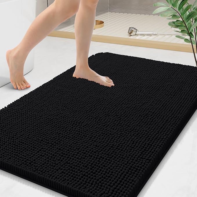 Arotive Bathroom Rugs 44x24, Extra Soft Absorbent Shaggy Chenille Bath Rugs, Machine Washable Rubber Backing Non-Slip Bath Mats for Bathroom Floor Tub and Shower, Home Decor Accessories, Black
