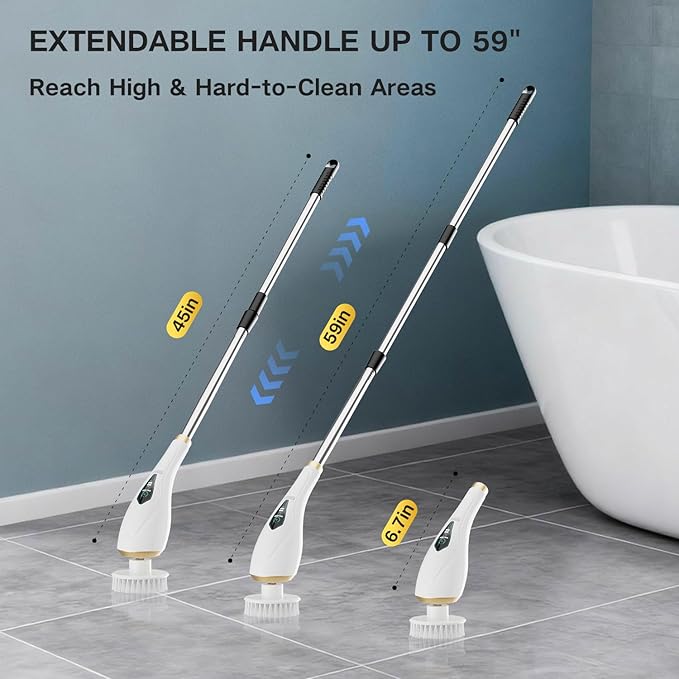 Hofenta Electric Spin Scrubber with 10 Replaceable Brush Heads, Extendable Handle Up to 59", 2 Speed Modes, Waterproof, Cordless Cleaning Brush, 2H Cleaning Time,Perfect for Home, Bathroom,Kitchen