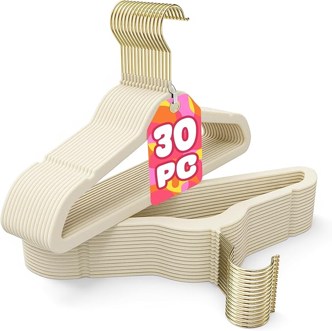 Korpai 30 Pack Kids Velvet Hangers 14 Inch, Non-Slip, Ultra Slim,Space-Saving Kids Hangers with 360° Swivel Hook, 7LBS Capacity, Kids Clothes Hangers Ideal for Youth's Dresses/Shirts/Coats, Beige