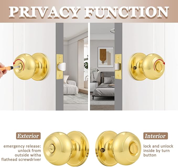 Probrico Privacy Door Knobs Lock Interior Bedroom Bathroom Door Handle Polished Brass Round Ball Keyless Lockset 5 Pack