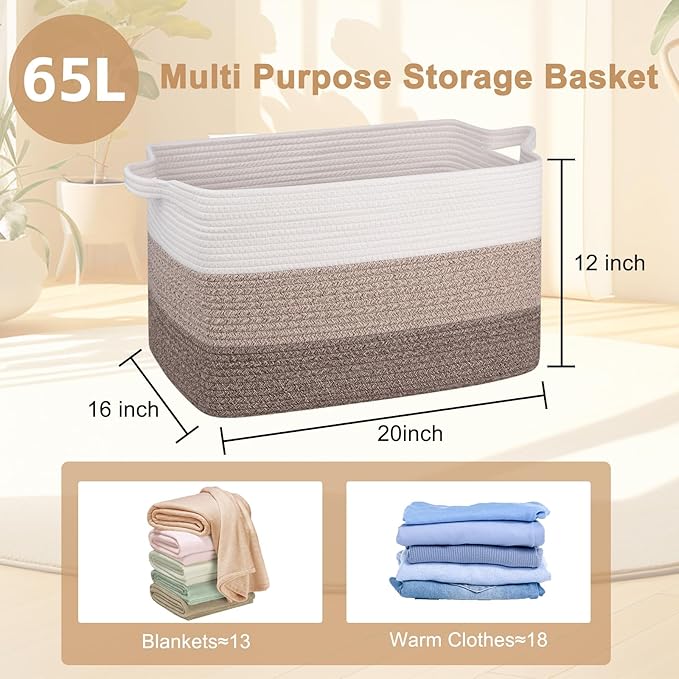 OIAHOMY Large Storage Basket, Cotton Rope Woven Blanket Basket, Toy Bin for Baby Room, Container for Blanket Storage in Living Room, 20''×16''×12'', Gradient Brown