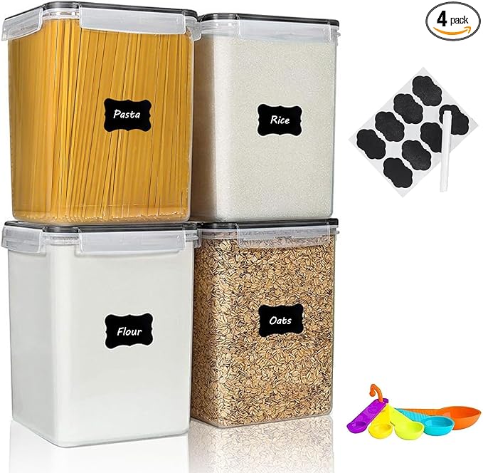 stusgo 5.2L (175oz) 4-Pack Airtight Food Storage Containers with Organization Kit - BPA-Free Plastic Canisters for Flour, Sugar, Rice & Baking Supplies, Includes Lids, Measuring Cups & Labels, Black
