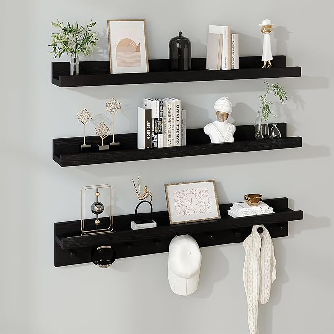 MBYD Floating Wooden Wall Shelves Black, Nursery Floating Bookshelf for Kids Room, Wall Mount Book Shelves with Hooks for Living Room Bedroom Bathroom, 36 Inch Picture Ledge Shelf Set of 3