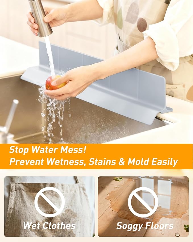 Kitchen Sink Splash Guard 23" Silicone Water Guard with Strong Suction Cups, Faucet & Countertop Protector, Bathroom & Sink Edge Splash Guard Strip, Easy Install, Dishwasher Safe-Grey