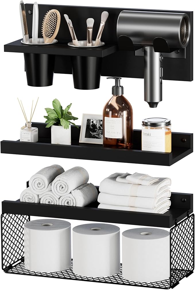 Puricon Floating Bathroom Shelves with Hair Dryer Holder, 3-Tier Rustic Wood Wall Mounted Organizers Set, Space Saving Over-Toilet Storage and Home Decor Hanging Rack -Black