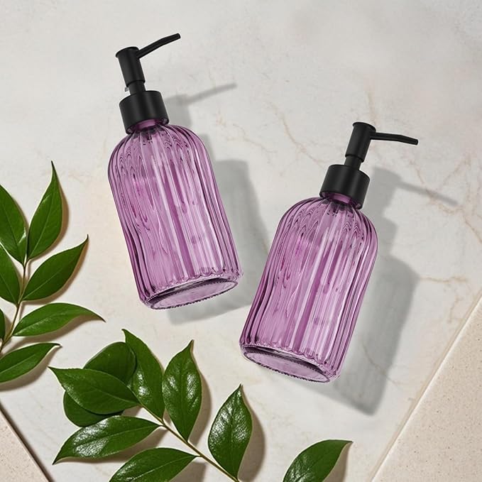 2 Pack Stripe Glass Soap Dispenser with Black Plastic Pump, 400ml Liquid Hand Soap Dispenser, Rustproof Pump for Kitchen & Bathroom, Great for Lotions, Essential Oil, Liquid Soaps- (Purple)