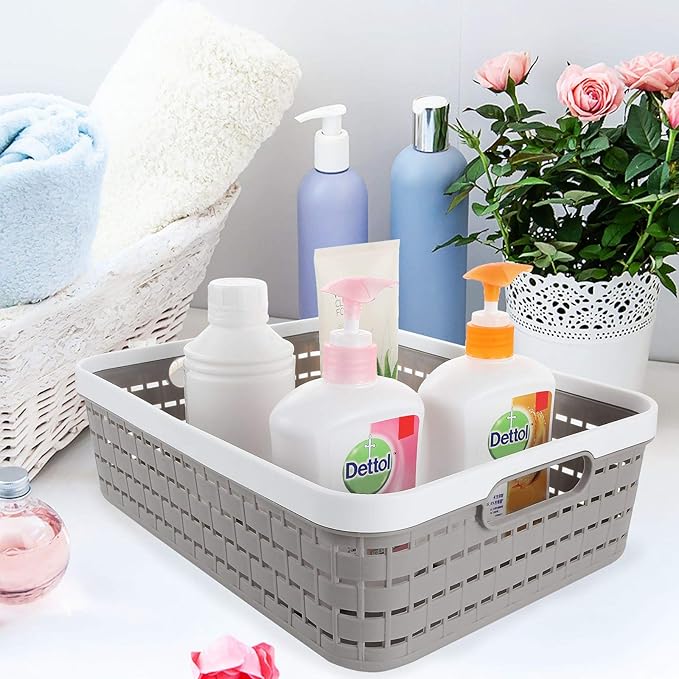 CertBuy 3 Pack Plastic Storage Baskets 14 x 10 x 4.5 Inch Large Weave Storage Bins with Handle for Cabinet Shelf Kitchen Bedroom Bathroom and Office Grey