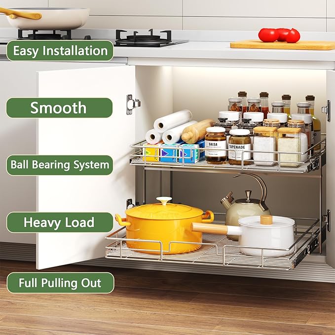 MODCART 2 Tier Individual Pull Out Cabinet Organizer 30" W x 21½" D, Heavy Duty Cabinet Pull Out Shelves, Slide Out Drawers Organization for Kitchen Cabinets Bathroom