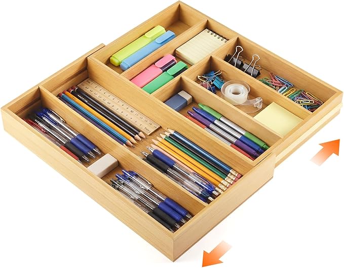 1 Pcs Bamboo Drawer Organizer 9'' up to 18'' x 15'' x 2'' Expandable Drawer Organizer Pens Notebook Ruler Makeup Tray with 7 Adjustable Compartments for Desk Office Kitchen Bathroom(Wood)