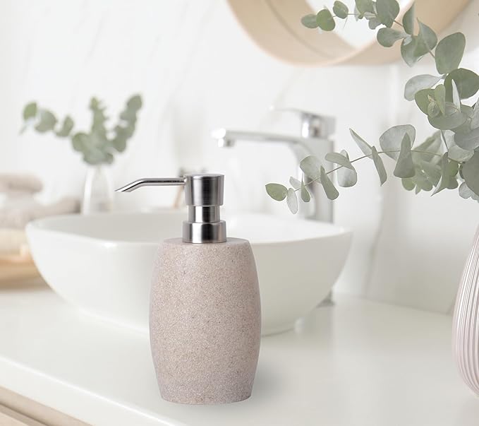 Sandstone Textured Resin Soap Dispenser with Metallic Pump and Waterproof Bottle Labels for Bathroom Kitchen Dish Hand Wash Shower Lotion Shampoo, 12 Oz, Beige