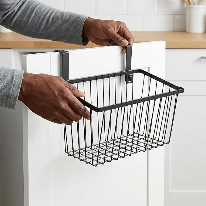 LeleCAT Grid Storage Baskets with Hooks, Over Cabinet Door Organizer, Wire Basket Hanging Storage Organizer, Kitchen Bathroom Organizer (Black, Large)