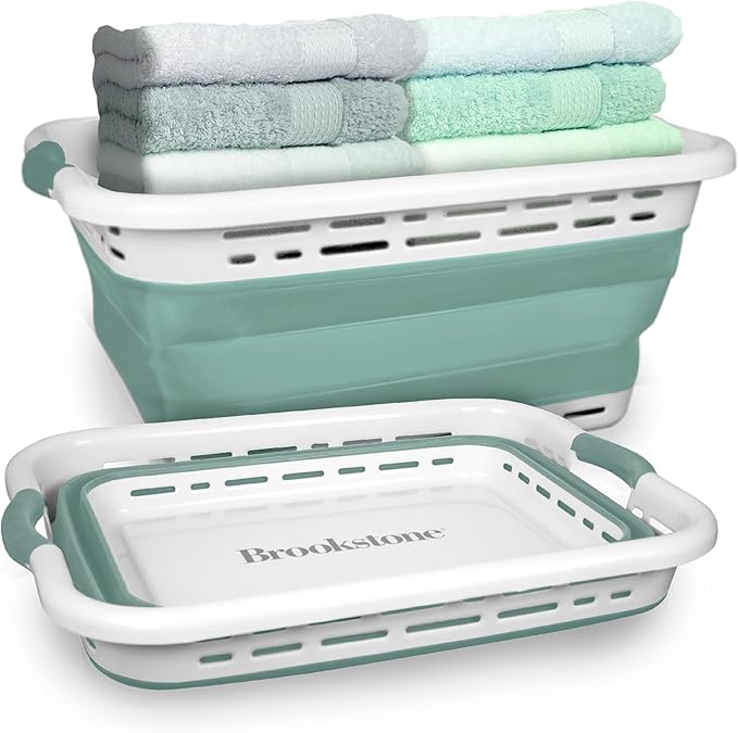 BROOKSTONE 11 GALLON XL 24" Collapsible Laundry Basket & Clothes Hamper, Comfort Non-Slip Handles, Modern Laundry Hamper with Space Saving Design, Portable Pop-Up Hamper, BPA FREE, Mint, 1 Pack