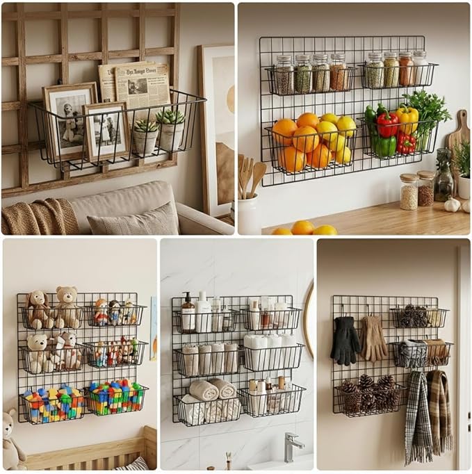 10 PCS Wire Baskets Wall Grid Panel Hanging Wire Basket Hanging Wall Baskets No Drilling Wall Hanging Baskets Grid Wall Storage Basket for Kitchen Bathroom Home Decor Supplies, Black