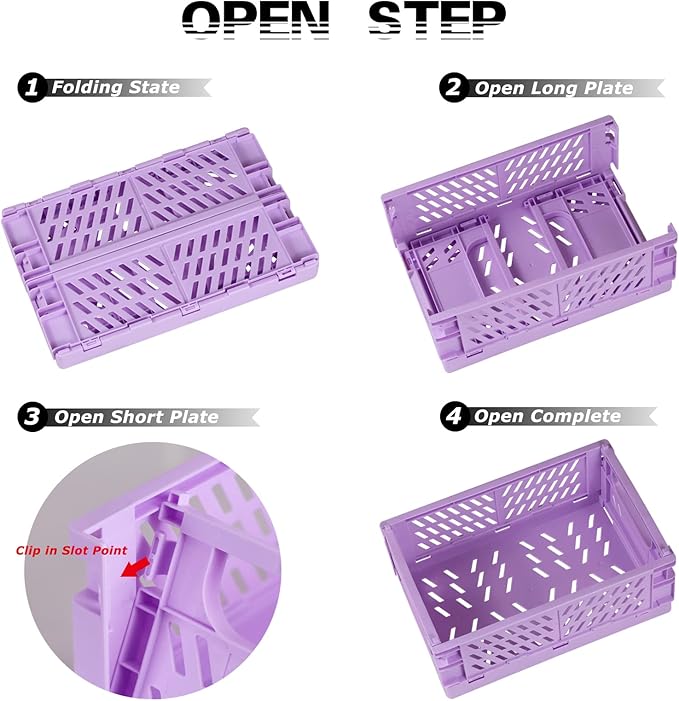 Tixill 2-Pack Mini Foldable Plastic Baskets for Organizing and Storage, Collapsible Storage Crate for Home Kitchen Bedroom Bathroom Office (9.8x6.5x3.8, Purple)