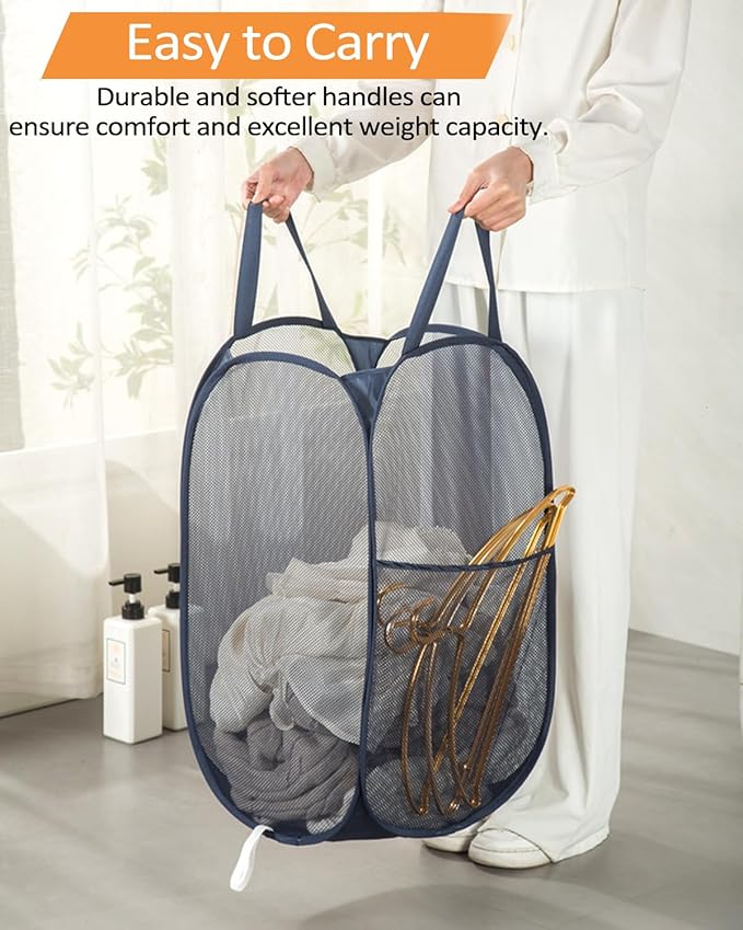 Navy Blue Durable Foldable Laundry Hamper, 22.8 x 14.2 x 14.2 inches