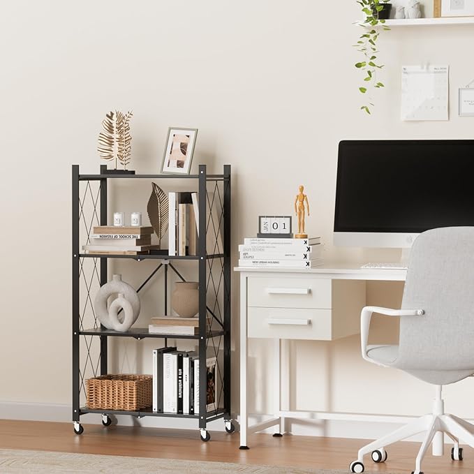ALANNG 4 Tier Storage Shelves on Wheels, No Assembly Metal Folding Shelf Heavy Duty, Black | Colorful | Rolling | Collapsible | Rack Unit | for Living Room Office | 13.4" D x 28" W x 50" H