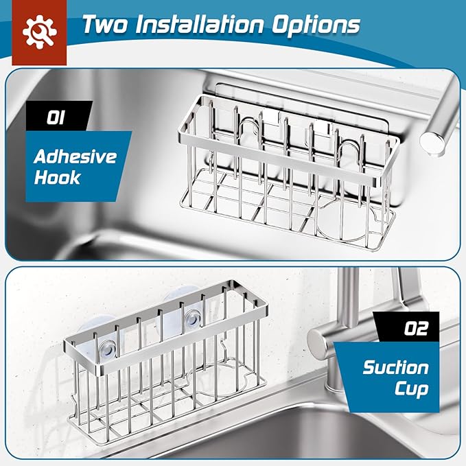 Sponge Holder for Kitchen Sink,Sink Caddy Organizer with Suction Cups/Adhesive Strips,Dish Sponge Holder Design for Sponges,Scrubber,Stoppers-Silver