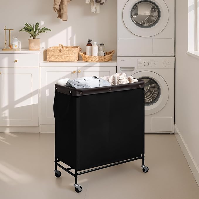 StorageWorks 2 Section Laundry Hamper, Rolling Laundry Cart with Wheels and Handles, Laundry Room Double Sorter for Organizer and Storage, 26.4 Gal(100L), Black