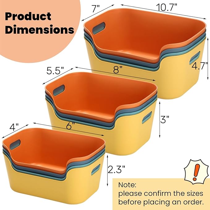 12 Pack Plastic Storage Bins and Baskets, Classroom Organizer Bins with Built-in Handle, Household Colorful Pantry Shelf Organization Container for Office Bedroom Countertop, 3 Sizes