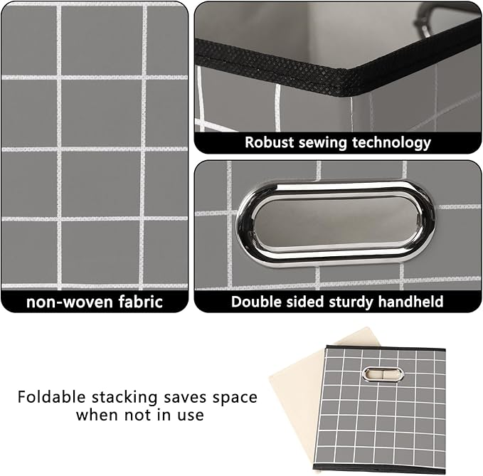 Black Foldable Storage Cubes Bins, Fabric Storage Box Cubes Organizer Baskets with Dual Handles for Home Organizer,Set of 6,(Grey grid)
