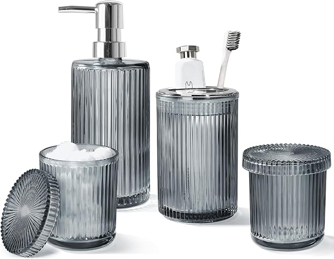 Gray Glass Bathroom Accessories 4 Pcs, Grey Bathroom Set, Soap Dispenser and Toothbrush Holder Set, Qtip Holder Set, Vintage Bathroom Sink Set, Modern Bathroom Decor