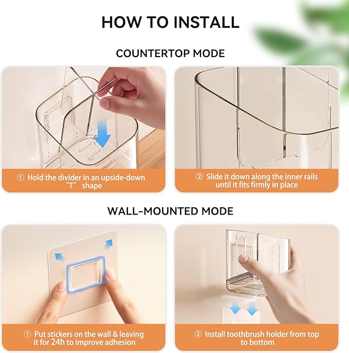 Toothbrush Holders for Bathrooms, 3 Slots Detachable Toothbrush Holder Wall Mounted with Divider, Removable Electric Tooth Brush and Toothpaste Holder Organizer for Bathroom Countertop/Kitchen/Office