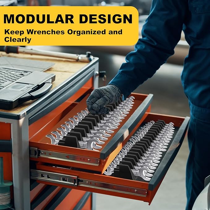 Chunful 100 pcs Modular Wrench Organizer Holder Wrench Tool Organizers Storage Racks Set with Metric & SAE Label for Tool Box Drawer Storage for Father Brother Professional Mechanics Men (Black)