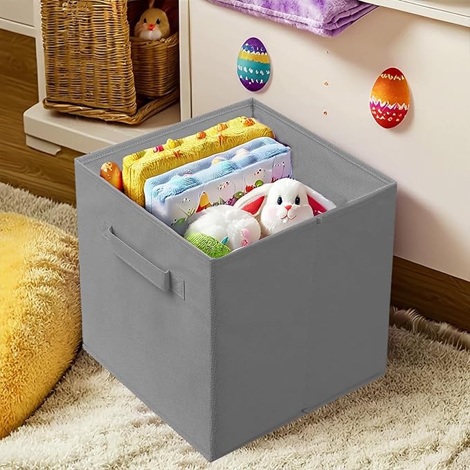 PowerKing Collapsible Storage Cubes with Handles, Fabric Foldable Bins for Closet Shelves, Durable Organization Storage Bins, 10.5'' x 11'' x 10.5'', 6 Pack, Light Grey