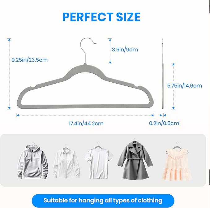 YSSOA Velvet Hangers 70 Pack, Non-Slip Clothes Hangers with Shoulder Notches, 360° Swivel Hooks, Heavy Duty Standard Hanger for Closet Space Saving, Grey