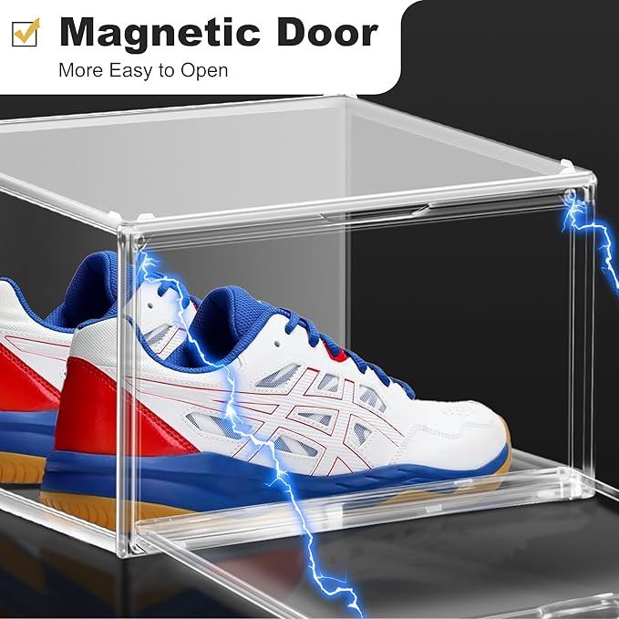 1 Pack Plastic Shoe Storage Boxes Fit US Size 13, Clear Stackable Shoe Display Case with Acrylic Magnetic Side Door, Shoe Containers for Sneaker Storage, Hats, Figure, Collectible, Book, Clothes