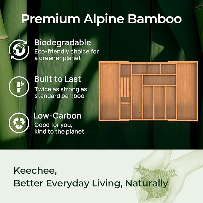 Carbonized Large Bamboo Kitchen Drawer Organizer, 12 Slots Expandable Silverware Organizer, Utensil Holder & Cutlery Tray, 2.5" Deep for Extra Capacity, Non-Slip Feet Included