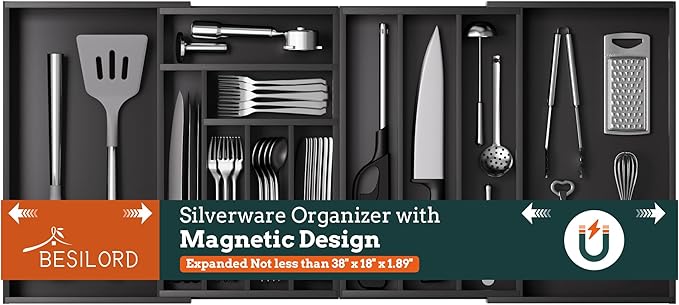 Silverware Organizer Large, Magnetic Connected Expandable 11 Slots Silverware Drawer Organizer from 21 to 37.4 Inches, Adjustable Flatware and Cutlery Holder, Bamboo Utensil Tray for Kitchen Black
