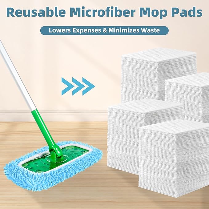 Reusable Mop Pads Compatible with Swiffer Sweeper Mop, Washable Wet Pads Refill & Chenille Dry Sweeping Cloths, Microfiber Mop Pads for Use on All Sealed Floors - Wood, Laminate, Stone & Tile (6 Blue)