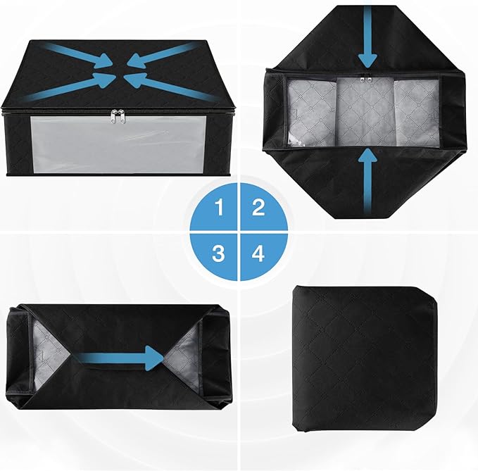 HomeHacks Storage 8-Pack Clothes Organizer Storage Bags Foldable Storage Box with Large Clear Window Sturdy Handles for Closet, Dorm, Pillows, Bedding, Clothes, Blankets, 35L, Black