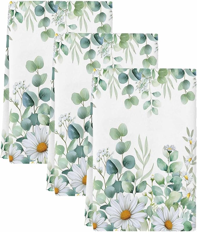 Kitchen Towels Set of 3, Green Eucalyptus Leaves Soft Microfiber Dish Towels, Summer Botanical Watercolor Daisy Absorbent Washable Dishcloths for Kitchen Cleaning, Drying Dishes, 18x28 Inches