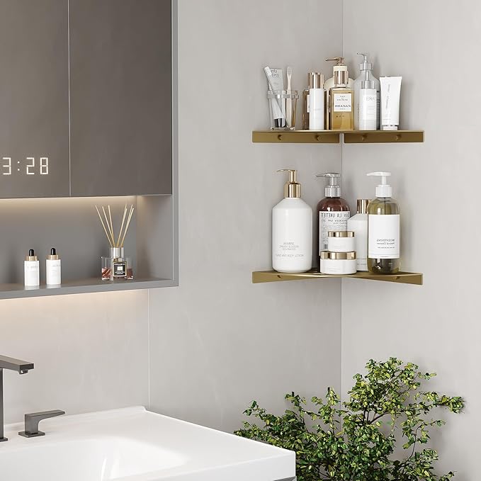 LFBA 2 Pack Corner Shower Shelves Load Capacity 40 lbs 304 Stainless Steel Shower Corner Shelf Will not Rust 8in Shower Shelf for Inside Shower Brushed Gold Drilling Installation