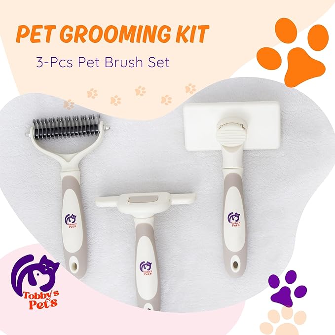 Tobby’s Pets Pet Grooming Kit – 3-Piece Dog & Cat Brush Set with Dematting Tool, Deshedding Brush & Self-Cleaning Slicker Brush – Professional Grooming for Long-Haired Dogs, Double Coats & Cats