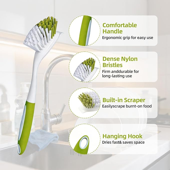Dish Brush Scrub Brush with Handle - 3 Pack Stiff Bristles Dish Scrubber for Cleaning Dishes, Pots, Pans, Sink, Cast Iron - Hard Bristles,No Residue