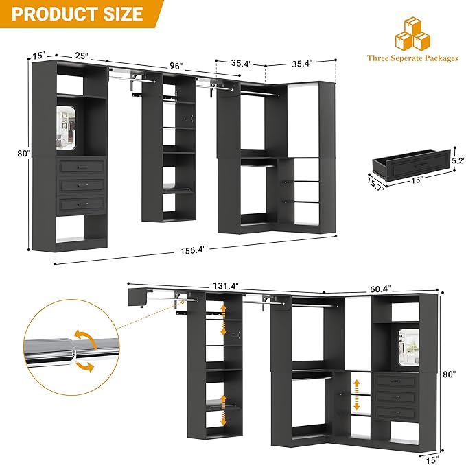 Unikito Modular Closet System with 3 Sets, 131”Corner Closet Organizer System With Mirror, Drawers, Hanging Rods & Adjustable Shelves, Freestanding Wood Wardrobe Organizer, Walk in Closet Tower, Black