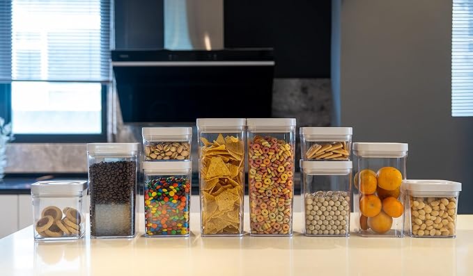 Amazon Basics Airtight Food Storage Containers, BPA Free, with Twist/Turn Lids, for Kitchen Pantry Organization, 10-Piece Square Set, Clear Plastic