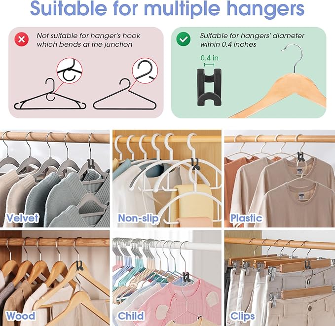 80Pcs Clothes Hanger Connector Hooks, Plastic Space Saving Heavy Duty Hanger Extender Clips for Closet Organizers, Black