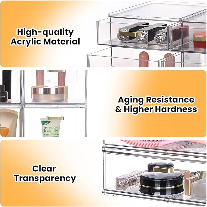 Stackable Storage Drawers, 6 Pack Clear Acrylic Organizer Bins with Golden Handles, Multi-Size Plastic Drawers for Makeup, Vanity, Kitchen, Bathroom, Office, Under Sink & Cabinet Organizatio