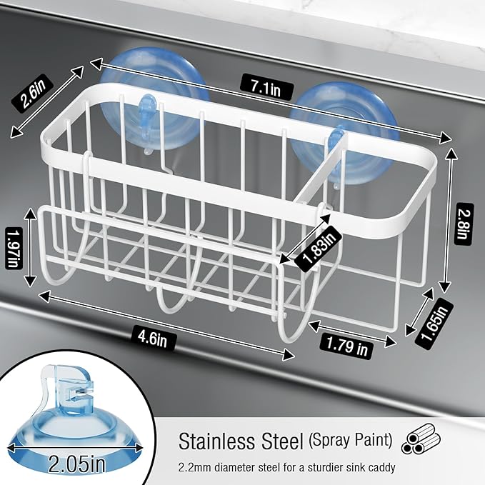3-in-1 Kitchen Sink Caddy Organizer with Sponge Holder, Brush Holder, Extra Rack for Scrubber, Sink Stopper, Dish Cloth Hanger - Strong Dual Suction Cup, 2.0mm SUS304 Stainless Steel - White