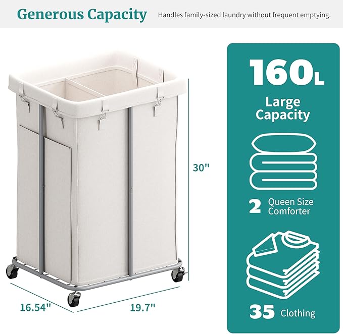 160L Laundry Hamper with Wheels, Rolling Laundry Basket with Metal Frame and Removable Bag, Double Laundry Hamper 2 Section, Large & Tall Dirty Clothes Hampers for Bedroom Aesthetic, Laundry Room