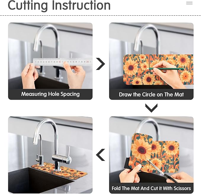 Kitchen Sink Splash Guard 2 PCS 30 Inch Sink Faucet Mat Splash Guard for Bathroom Countertop Water Absorbent Foldable Cuttable Soft Washable Orange Sunflowers and Poppy Flowers